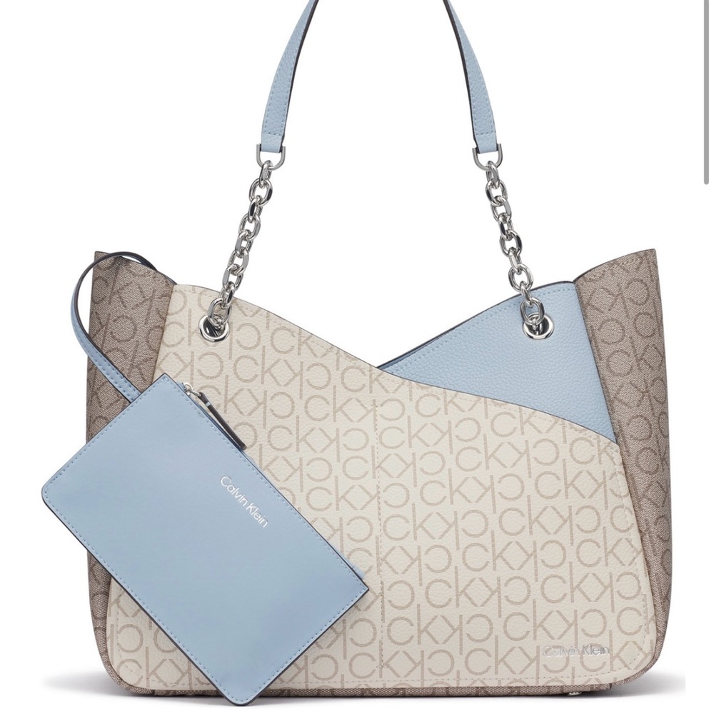 Calvin Klein Light Blue and Cream Logo Tote with Pouch